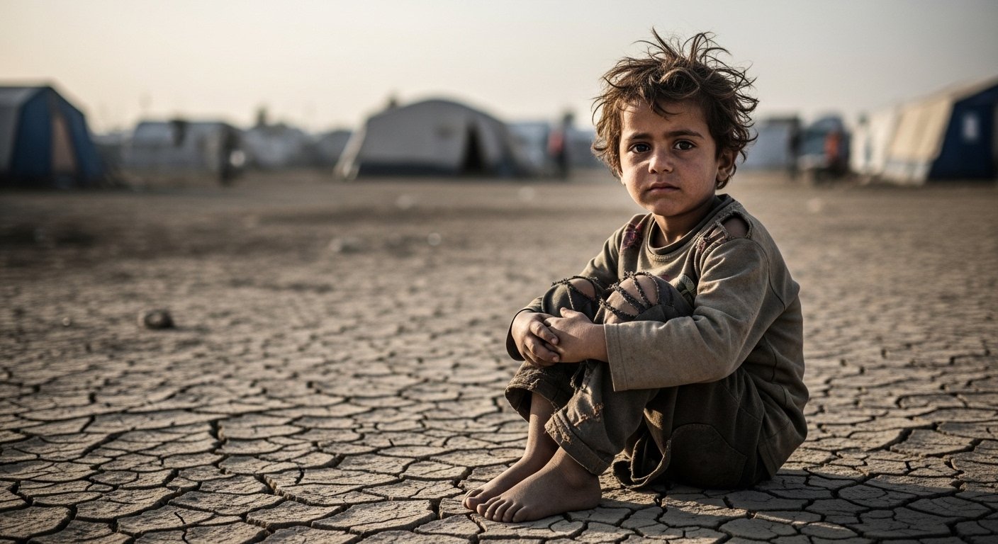 Children rights violations 2026 - child sitting alone in displaced camp