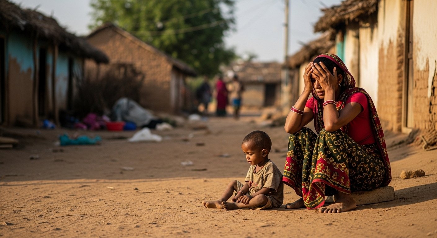 Photo-realistic editorial style, 16:9 widescreen. Scene shows a dusty village street under warm sunlight, with a small child sitting on the ground, visibly weak, wearing tattered clothes. Beside the child, a worried mother sits holding her hands over her face, conveying despair and urgency. Background shows simple mud or brick houses, some broken or damaged, with scattered belongings. Lighting is natural, soft shadows to emphasize textures and emotions. Mood is somber but respectful, highlighting the human cost of preventable child deaths. Style is realistic journalistic photography, emotionally compelling, suitable for a humanitarian news article. No real faces of identifiable people, no text overlay, no watermark, and no exaggerated dramatization.