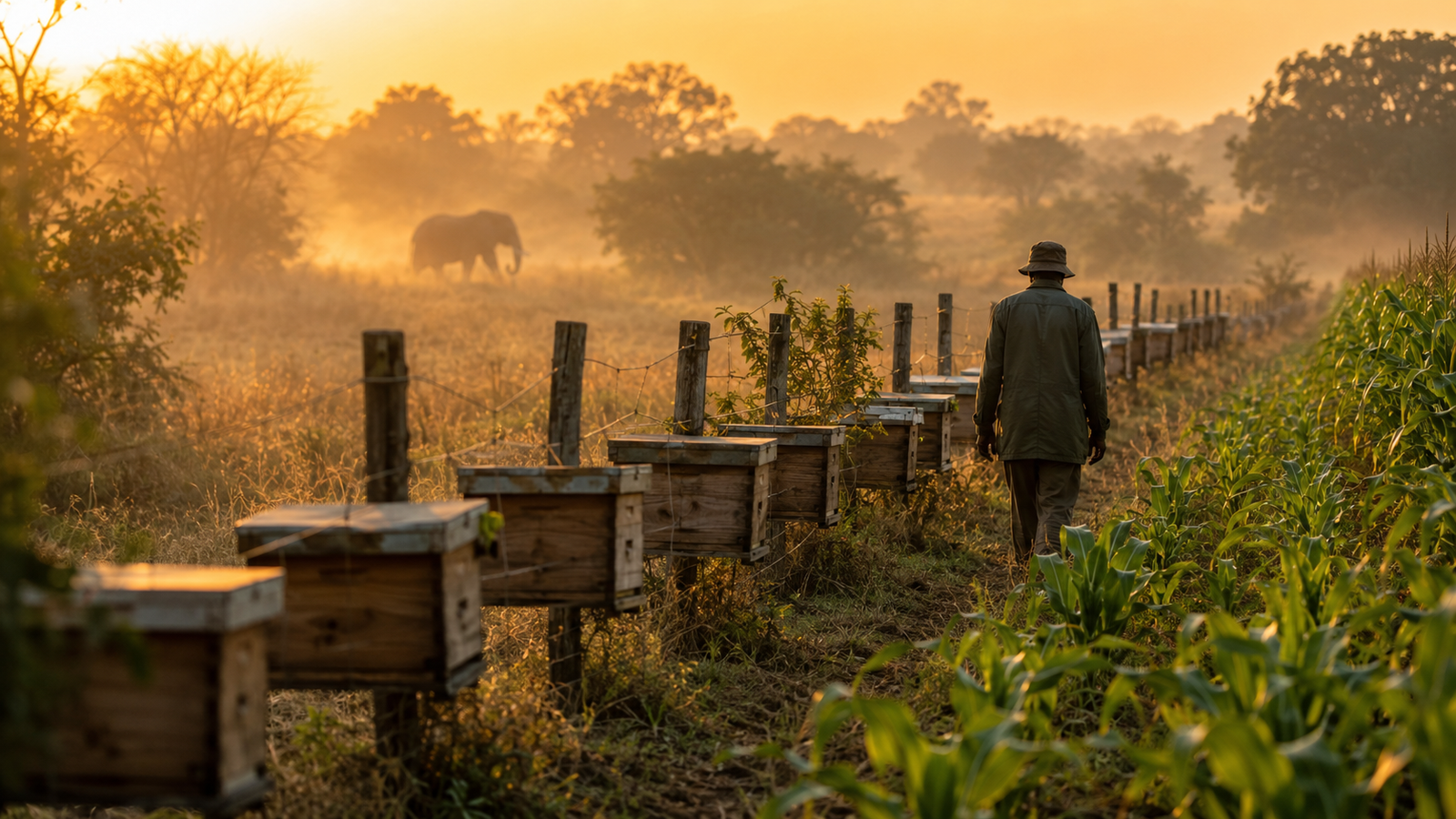 beehive fence protecting maize farm from elephants in Kenya