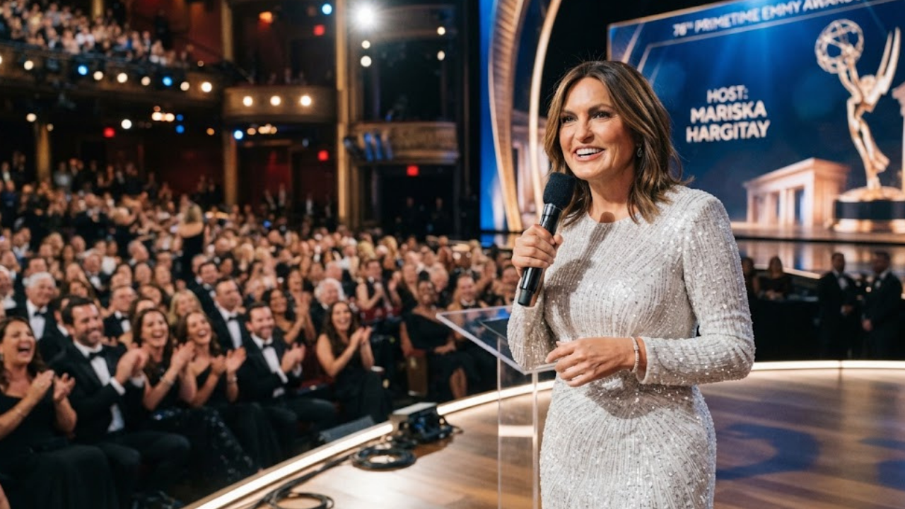 Mariska Hargitay hosting the 2026 Emmy Awards on stage at the Peacock Theater.
