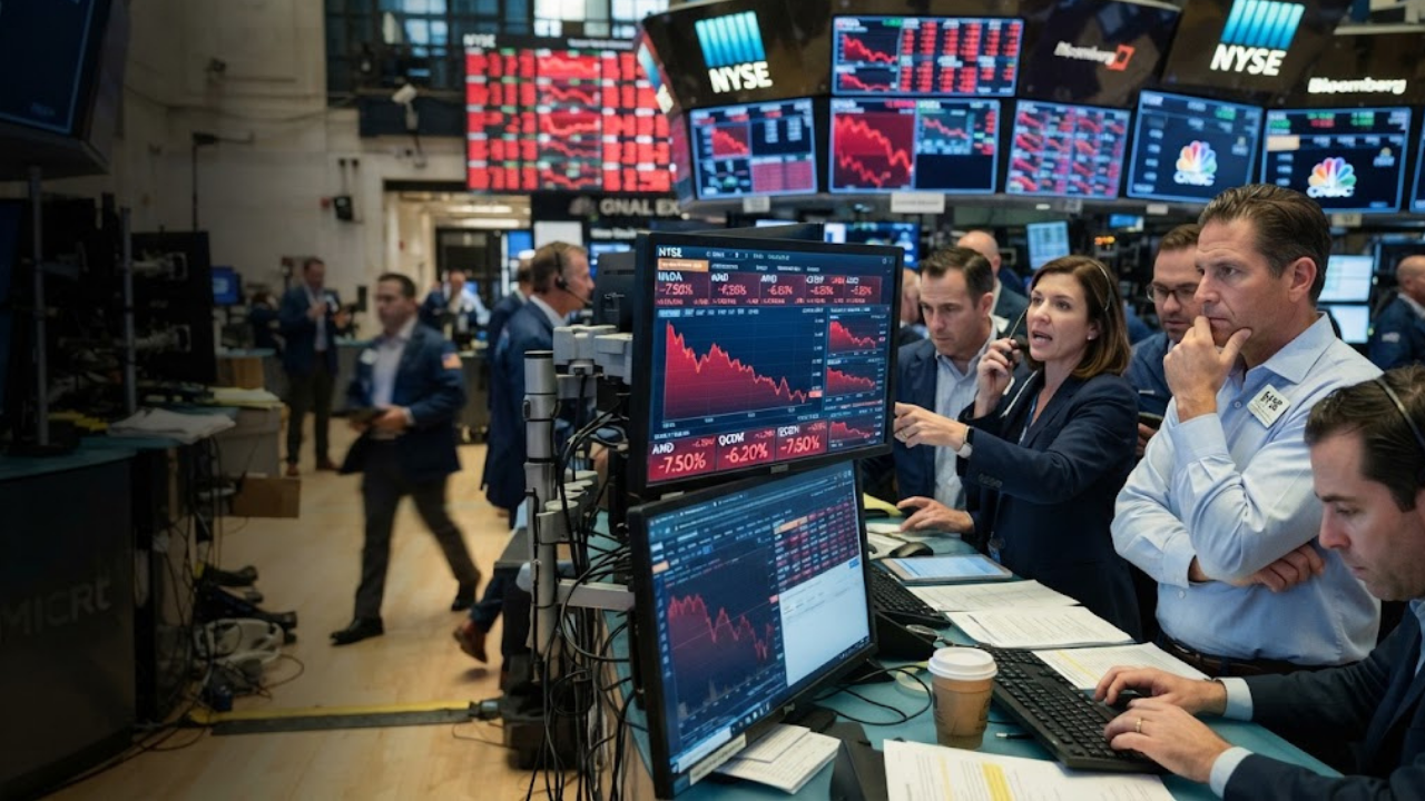 AI stocks slide shown as Nvidia and semiconductor shares drop on stock ticker display.