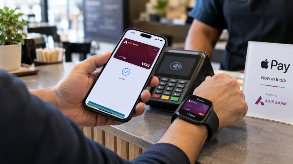 Apple Pay India launch shown with an Axis Bank credit card on an iPhone and Apple Watch