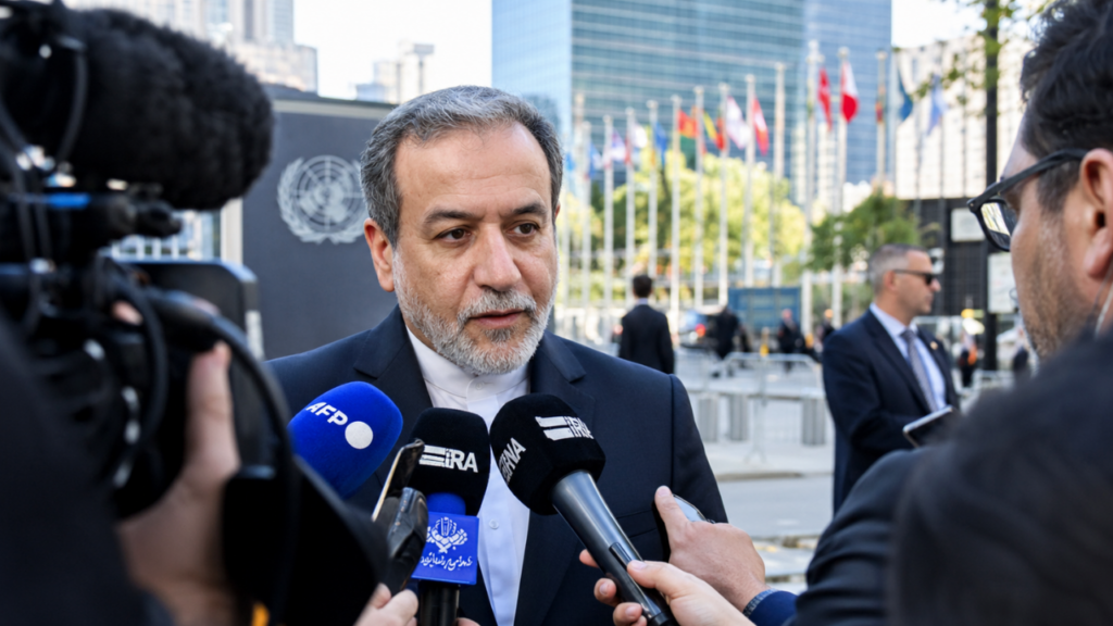 Iranian Foreign Minister Abbas Araghchi speaking to reporters in New York about the Strait of Hormuz ceasefire