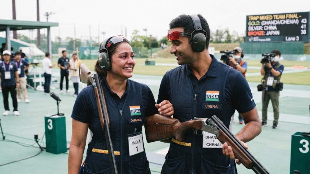 Neeru Dhanda and Kynan Chenai celebrate Asian Games trap mixed team gold in Nagoya