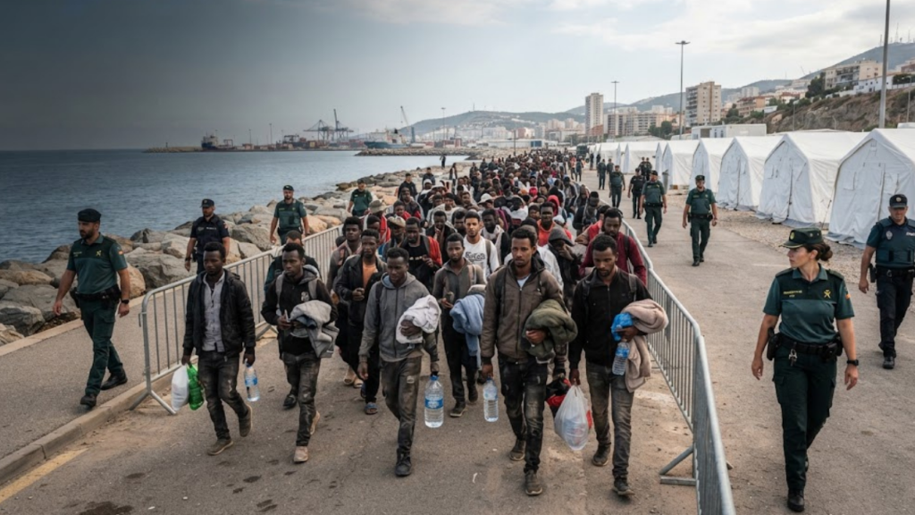 Ceuta migrant crisis — police escort migrants to new port camp, September 2026