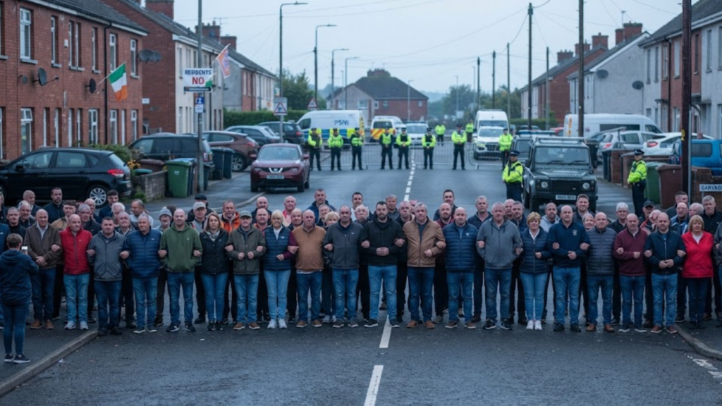 Residents block Garvaghy Road ahead of the Drumcree Orange Order parade in Portadown, September 27, 2026.