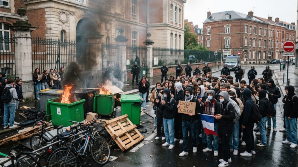 Smoke rises from burning bins outside a Lille high school during French student protests