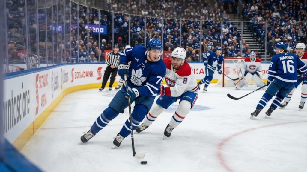 Gavin McKenna NHL debut: Maple Leafs forward looks to pass against the Montreal Canadiens