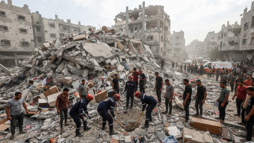 Gaza City building collapse - rescuers search rubble in Tal al-Hawa
