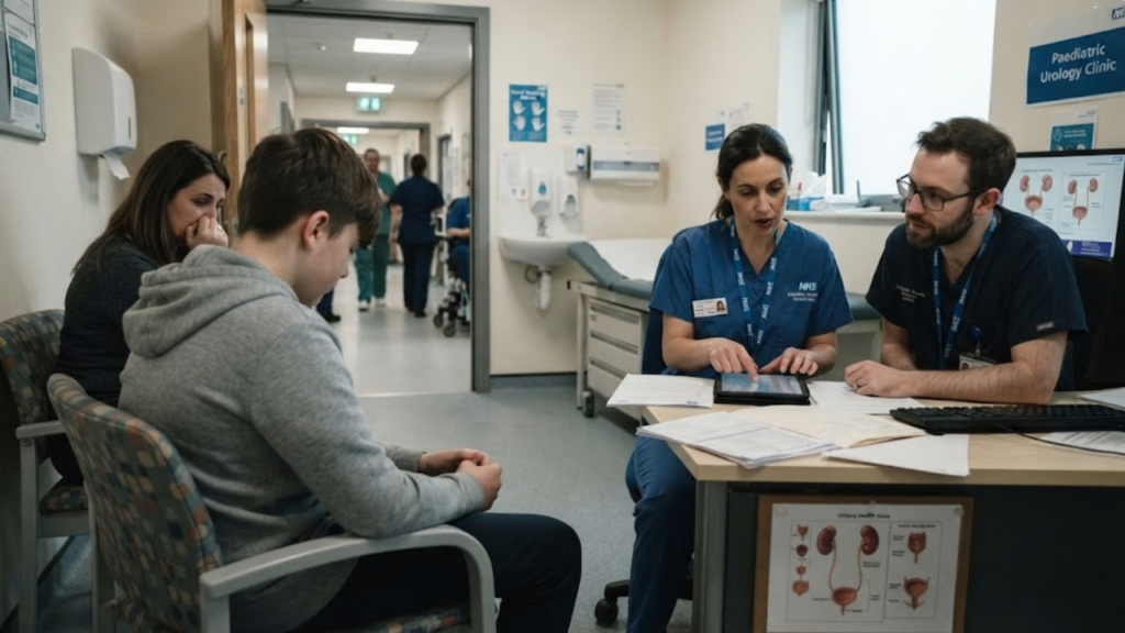 NHS hospital corridor representing children's ketamine bladder damage treatment
