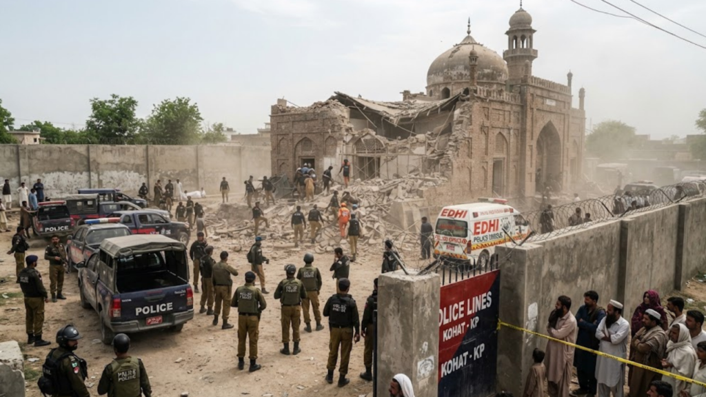 Kohat mosque attack: damaged mosque at Kohat Police Lines in Khyber Pakhtunkhwa after the September 18 blast