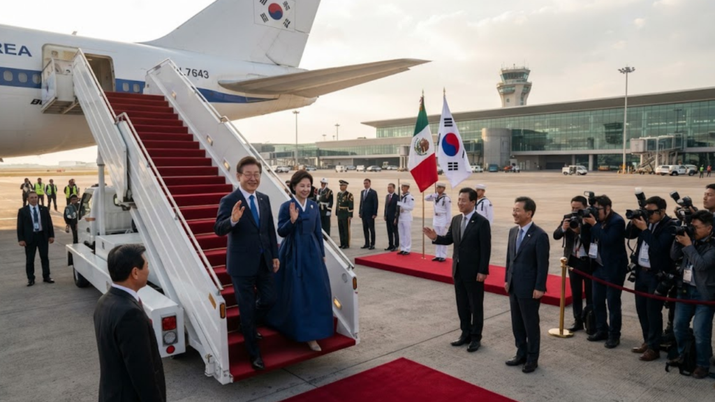 Lee Jae Myung Mexico visit: the South Korean president and first lady arriving at Mexico City's Felipe Ángeles airport