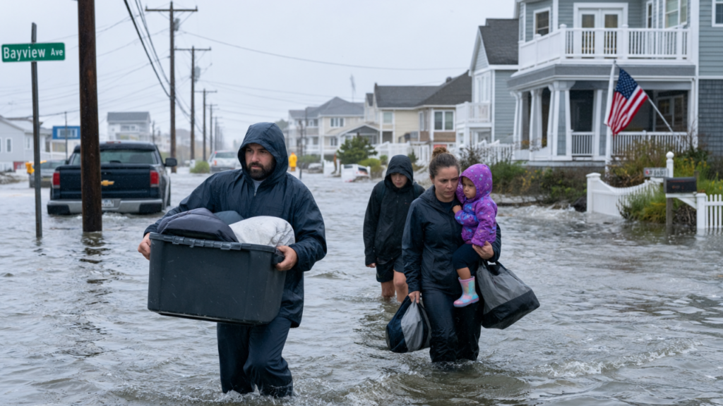 Nor'easter flooding covers a residential street in Wildwood, New Jersey, as a family carries belongings to safety.