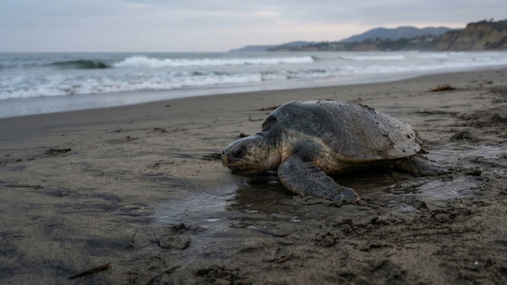 Fenced nest of an olive ridley sea turtle on a Southern California beach