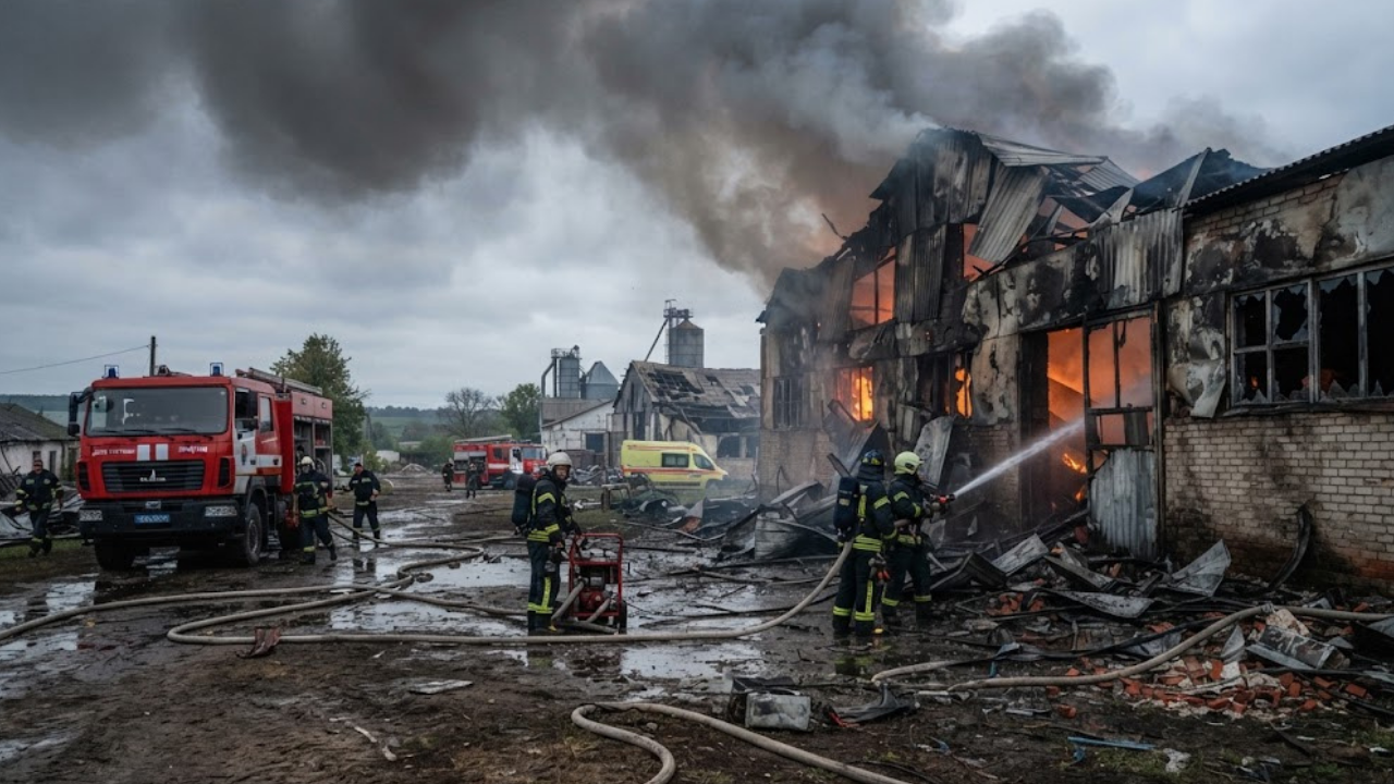 Pryluky drone strike aftermath as firefighters battle a warehouse fire in Chernihiv Oblast, Ukraine.