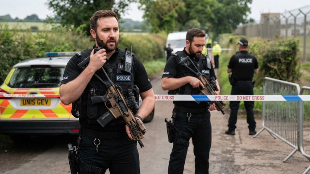 Armed police outside the perimeter of RAF Fairford in Gloucestershire during the RAF Fairford suspects inquiry