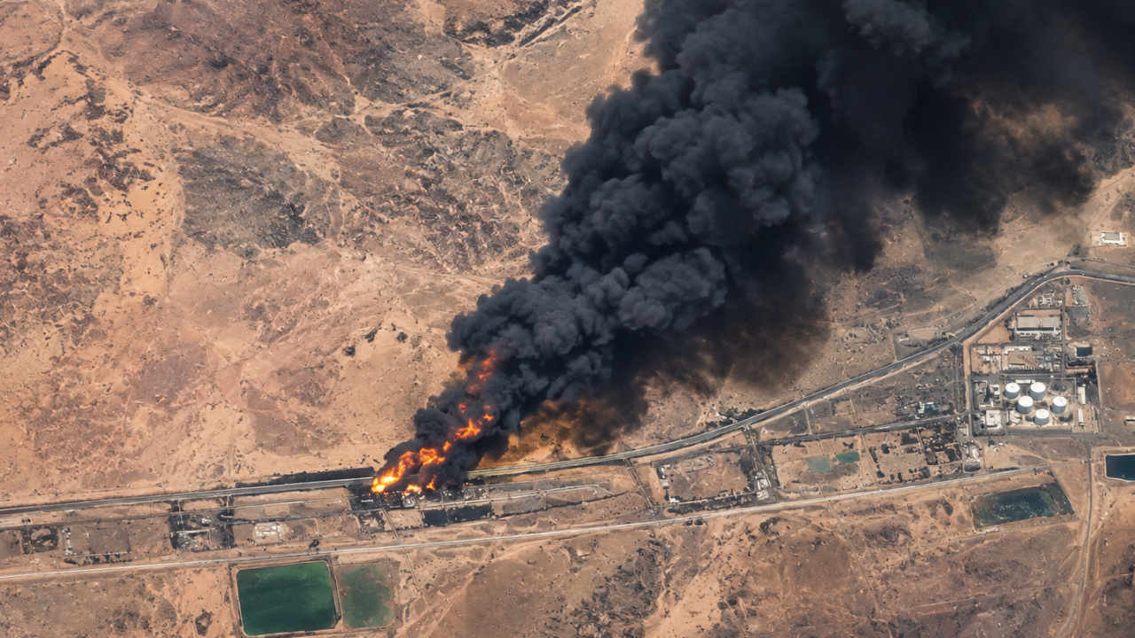 Saudi Arabia pipeline drone attack — satellite image of smoke over the East-West pipeline