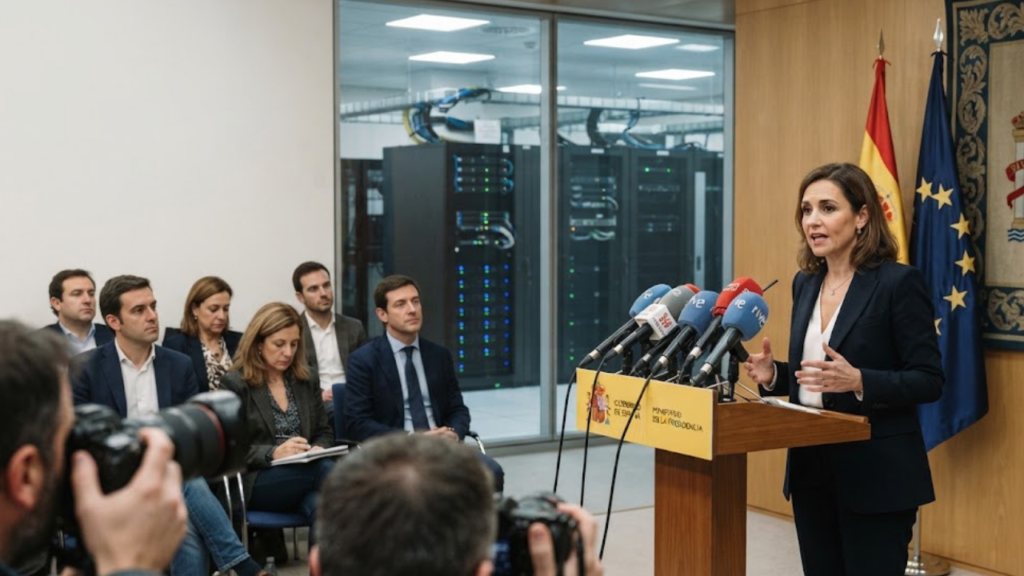 Illustration of Spain with a data centre and scales representing the Spain AI regulation roadmap