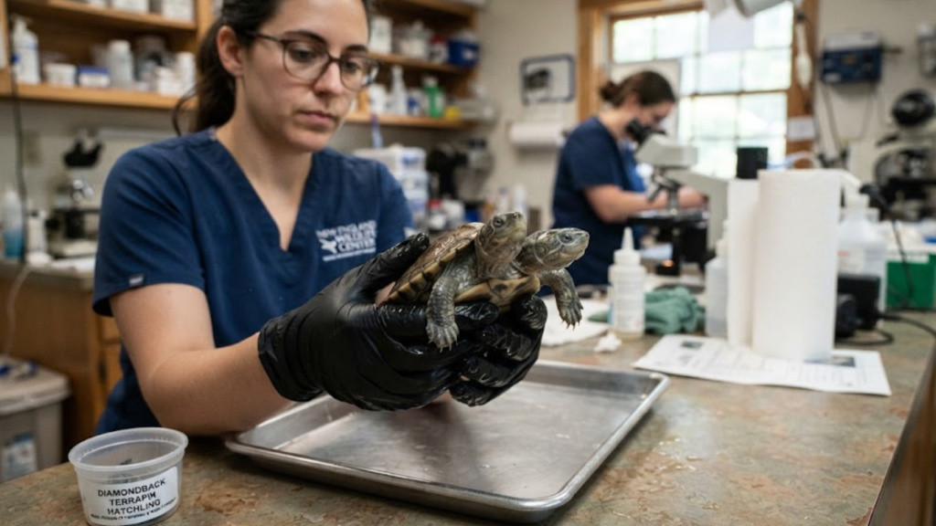 Two-headed diamondback terrapin hatchling at a Cape Cod wildlife center