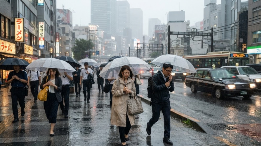 Typhoon Dujuan Tokyo: pedestrians walk through heavy rain as the storm nears Japan's Kanto region