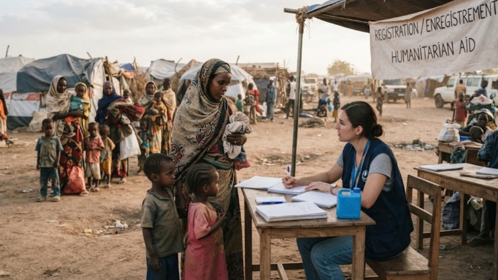 Refugees at a registration point as the UNHCR funding shortfall threatens aid