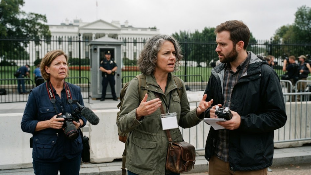 Illustration of a press badge outside the White House for the White House press credentials lawsuit
