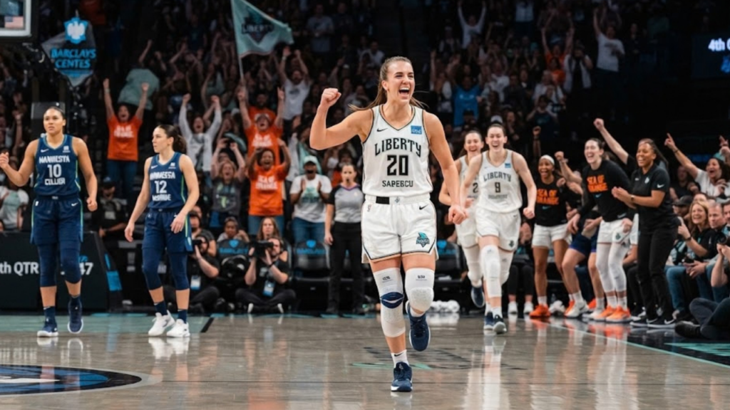 Sabrina Ionescu celebrates during the Liberty's WNBA playoff upset of the Lynx