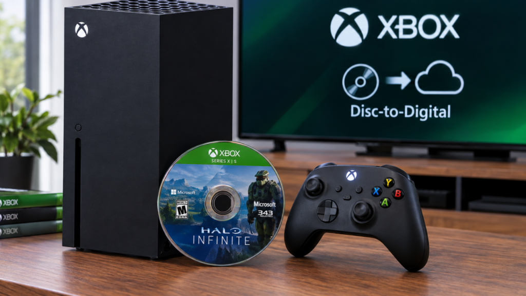 Xbox Disc-to-Digital license program shown with an Xbox Series X and a game disc