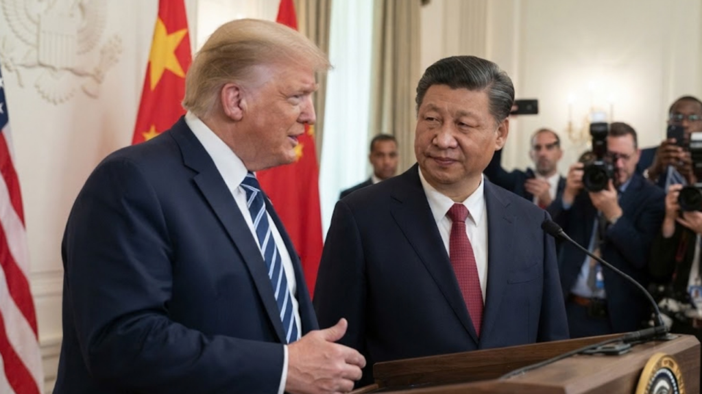 Xi Jinping US state visit illustration showing the White House and Great Hall of the People
