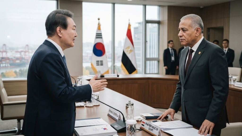 South Korea and Egypt leaders shake hands at a summit in Seoul