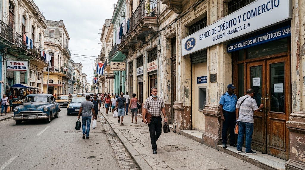 Illustration of a bank building with lines linking Cuba and Iran, representing BICSA sanctions.