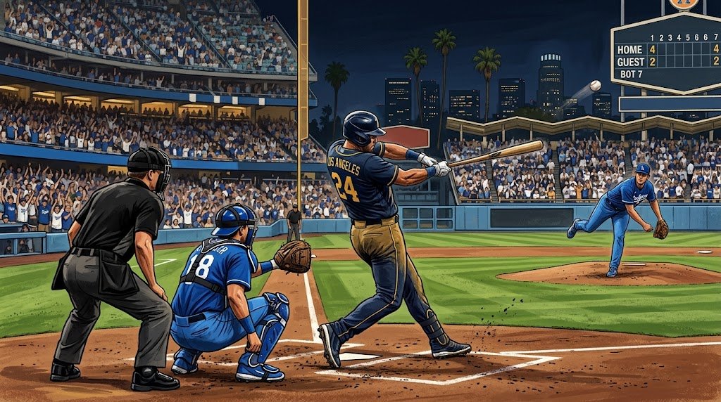 Brewers Dodgers NLCS Game 3 at a baseball stadium at dusk