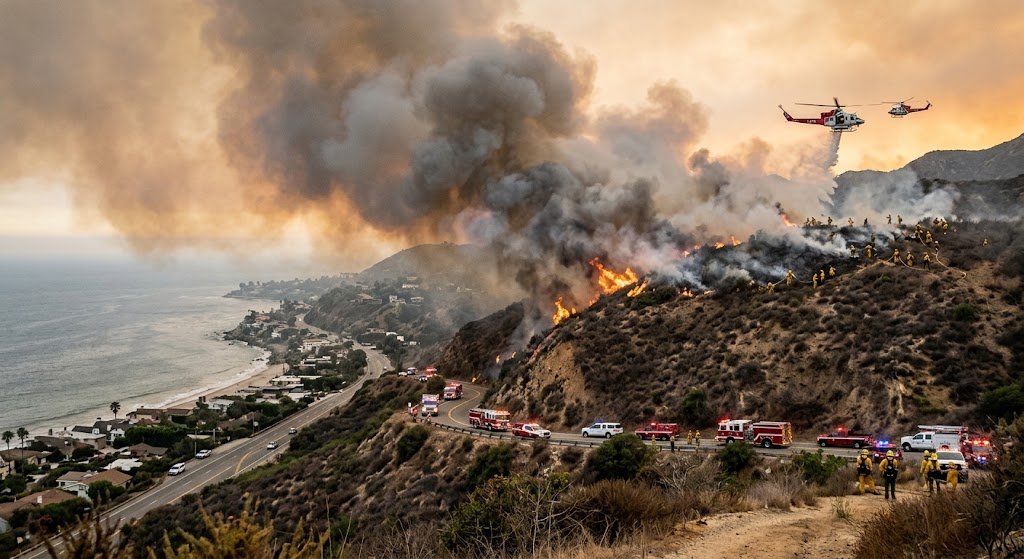 Bryson Fire evacuations: flames and smoke on a hillside above Malibu