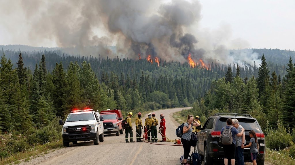 Canada wildfire evacuations: smoke rises over forest near evacuated community