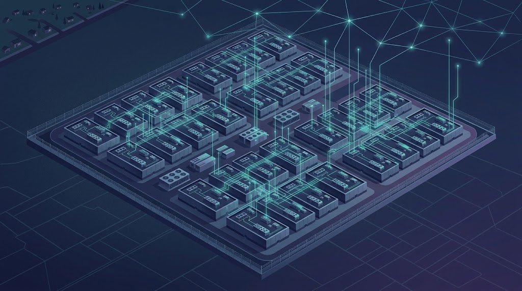Illustration of a secure government data centre connected to a digital network, representing the proposed CSE data centre near Ottawa
