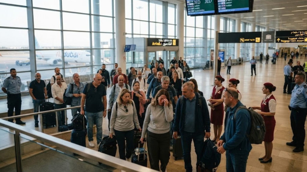 Passengers from the diverted flight arrive at Ben Gurion Airport after the Flydubai cockpit attack