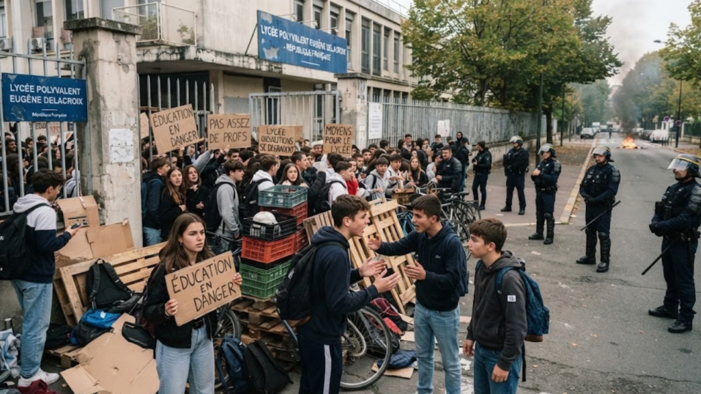 French student protests: high school students block the entrance to a lycée near Paris