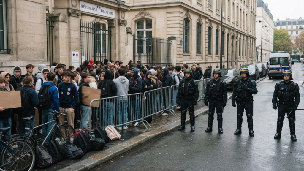 French student protests: riot police face high school students outside a blockaded lycée in France