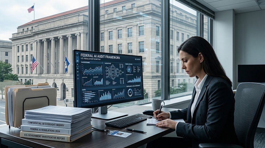 Editorial illustration of a U.S. government building and AI technology representing FTC scrutiny of OpenAI and Anthropic.