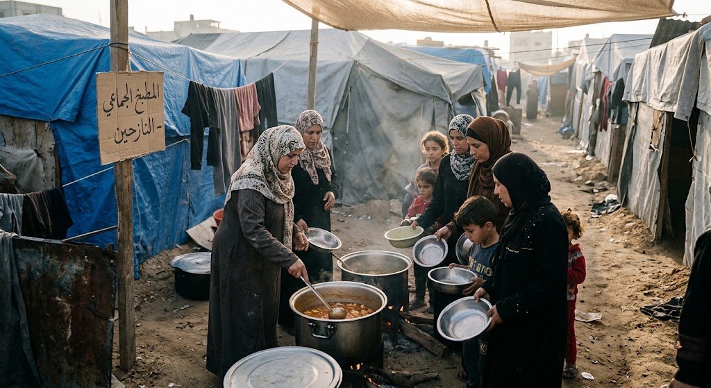 Gaza commercial goods halt: displaced Palestinians gather at a food distribution poin