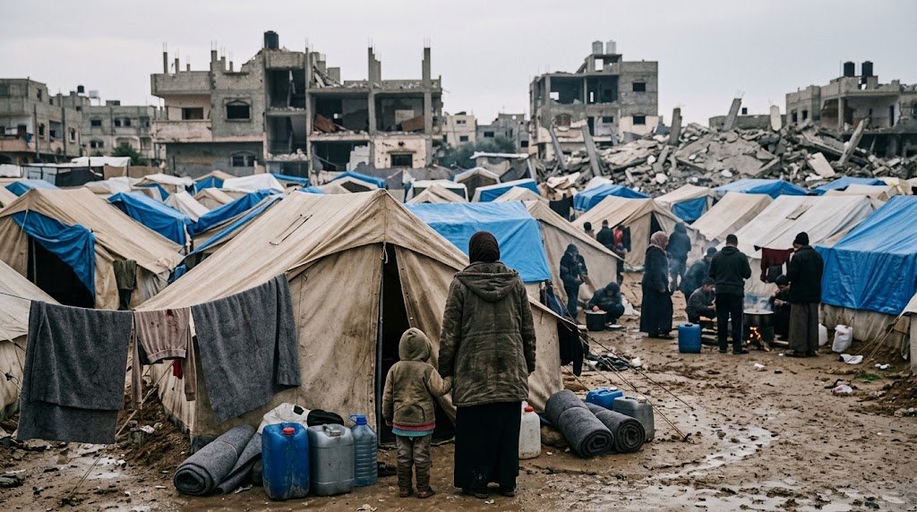 Displaced Palestinian family beside tents and damaged buildings in Gaza
