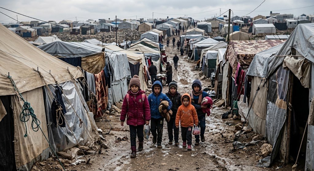 Gaza winter shelter: displaced children walk past tents in a camp