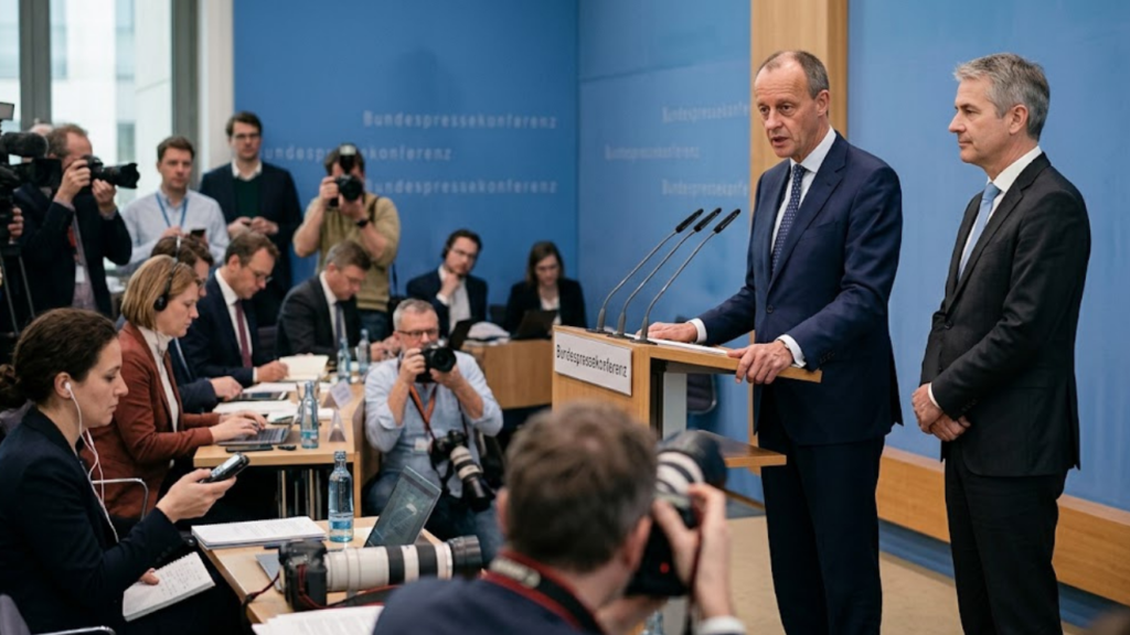 German Chancellor Friedrich Merz and government spokesperson Stefan Kornelius at a press conference in Berlin.