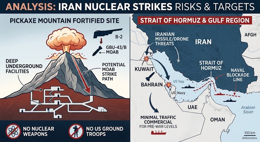 Illustration of a mountain facility outline and a map of the Strait of Hormuz for Iran nuclear strikes coverage