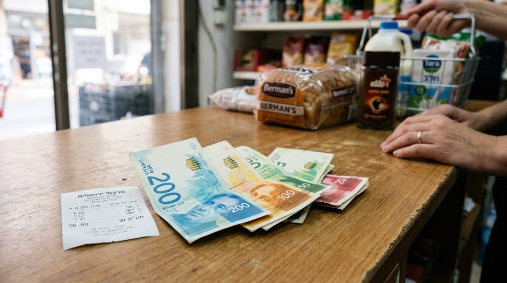 Israeli shekel banknotes and everyday shopping items illustrating the September 2026 consumer price index