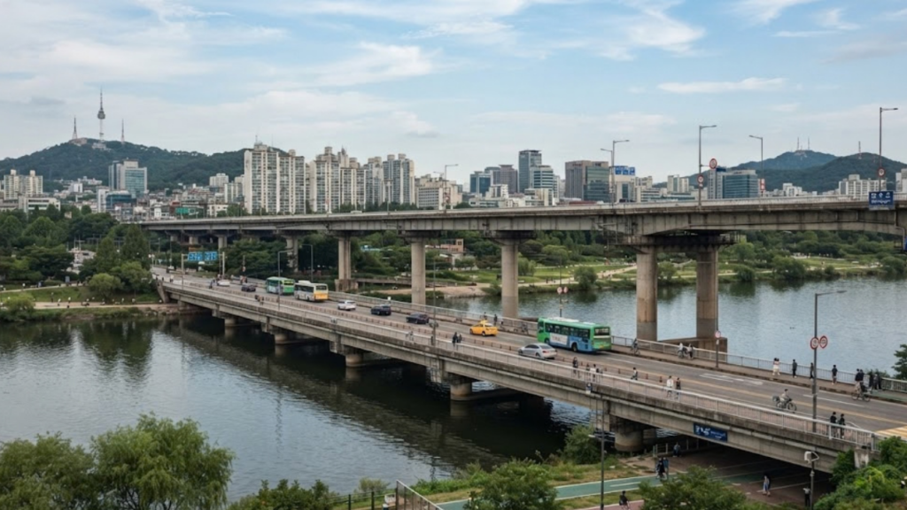 Pedestrians walking on Jamsugyo Bridge over the Han River in Seoul