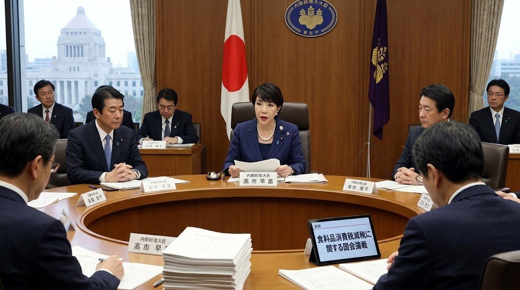 Japan food consumption tax cut debate: Prime Minister Sanae Takaichi at a Cabinet meeting in Tokyo