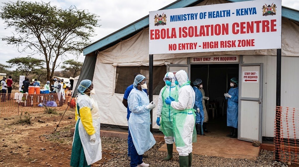 Kenya Ebola cases: health workers outside an isolation facility in Kenya, 7 October 2026
