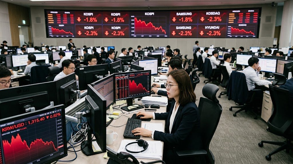 Kospi circuit breaker display in Seoul showing falling stock indices
