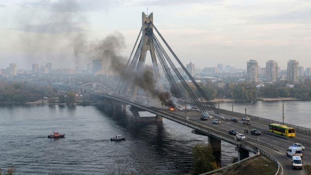 Kyiv Southern Bridge drone strike: smoke rising from the bridge on October 1, 2026